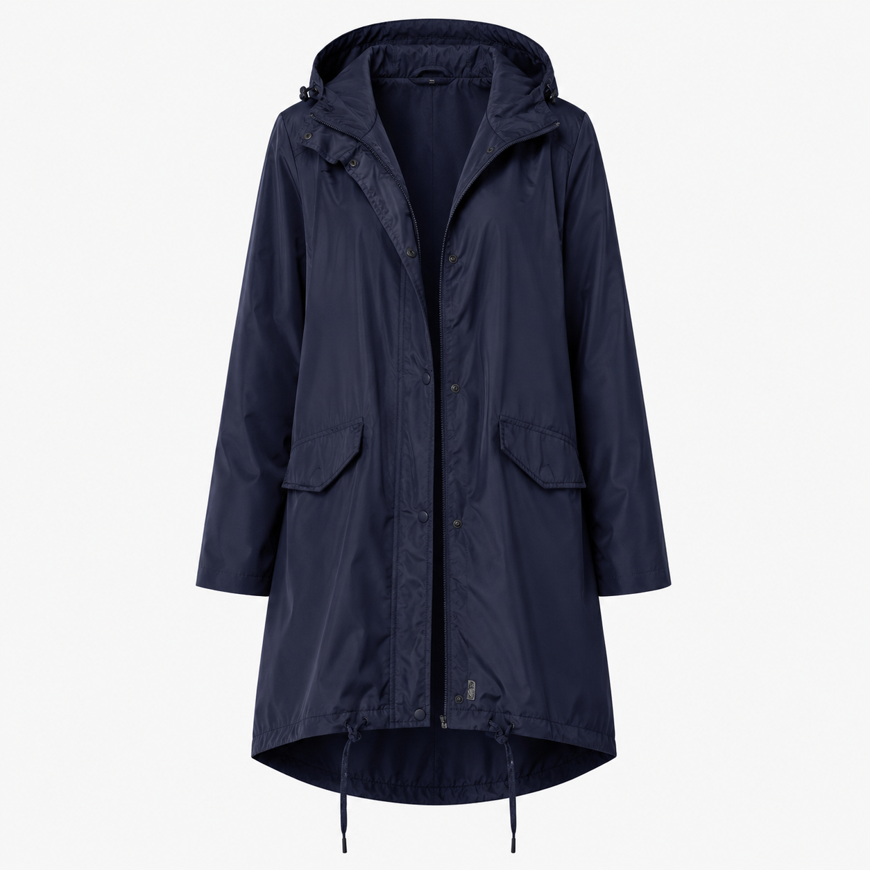 Phoebe Clarke | Navy Hooded Longline Raincoat with Drawstring Hem