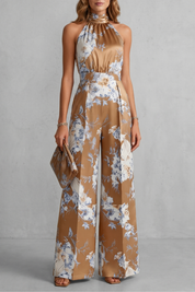Harriet Green | Combinaison fleurie en satin, dos nu, à jambes larges