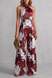 Harriet Green | Combinaison fleurie en satin, dos nu, à jambes larges