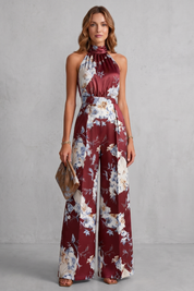 Harriet Green | Combinaison fleurie en satin, dos nu, à jambes larges