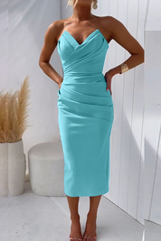 Celeste Fairvane | Sky Blue Ruched Strapless Midi Dress