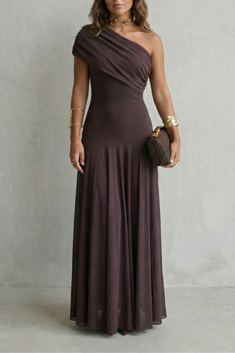 Edith Blackwell | One Shoulder Draped Maxi Dress in Chocolate Brown