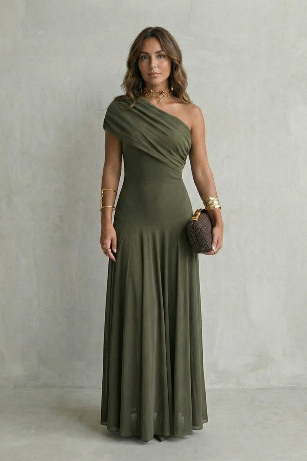 Edith Blackwell | One Shoulder Draped Maxi Dress in Chocolate Brown