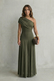 Edith Blackwell | One Shoulder Draped Maxi Dress in Chocolate Brown