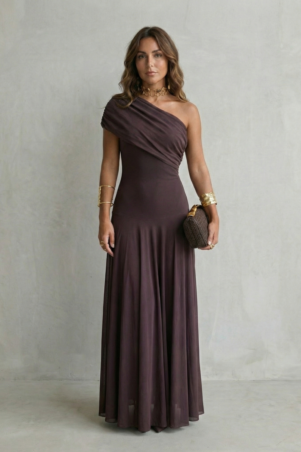 Edith Blackwell | One Shoulder Draped Maxi Dress in Chocolate Brown