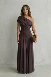 Edith Blackwell | One Shoulder Draped Maxi Dress in Chocolate Brown