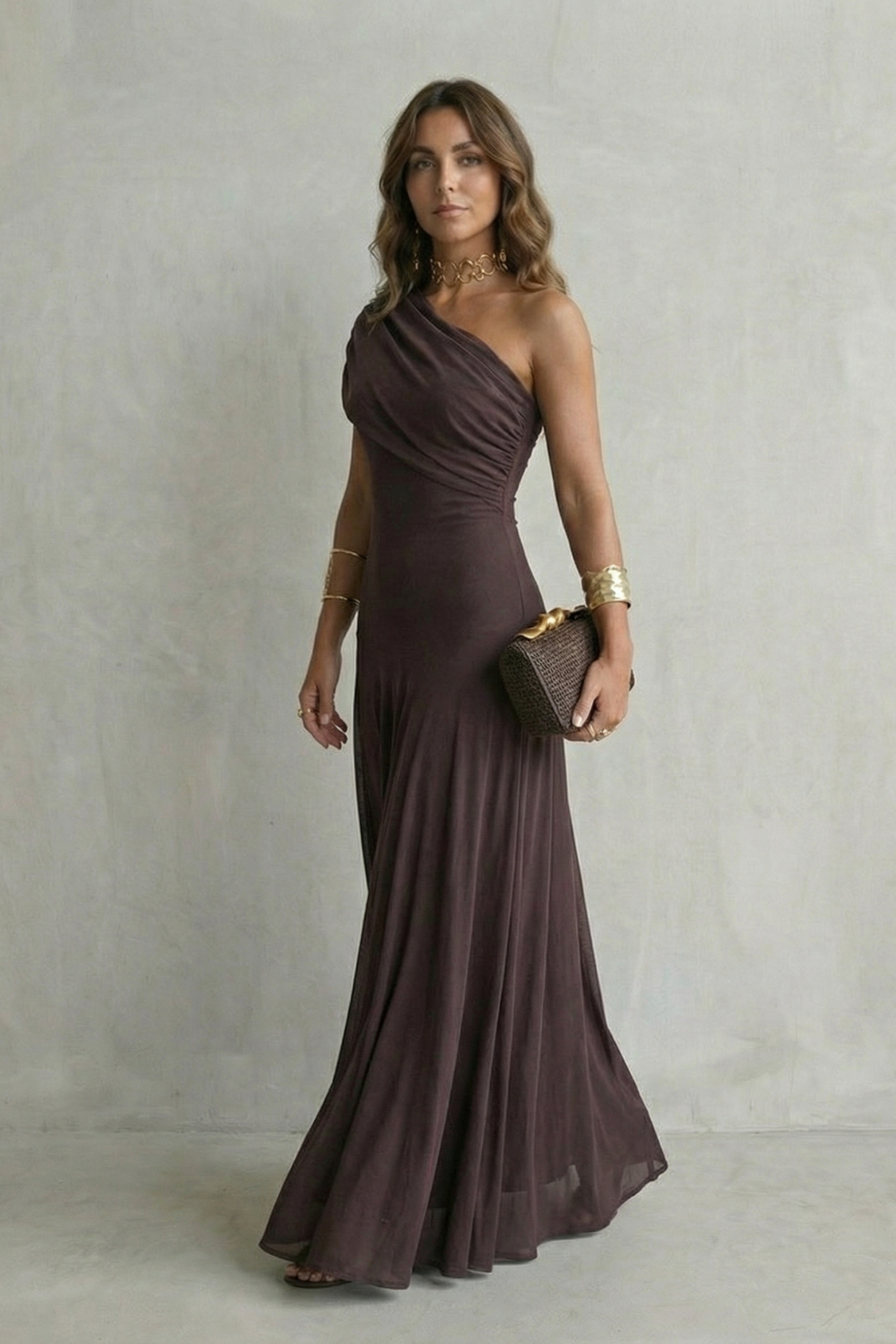 Edith Blackwell | One Shoulder Draped Maxi Dress in Chocolate Brown