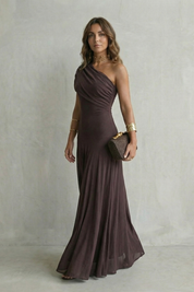 Edith Blackwell | One Shoulder Draped Maxi Dress in Chocolate Brown