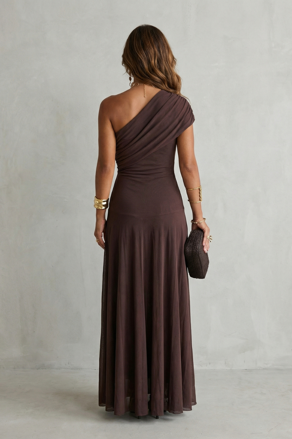 Edith Blackwell | One Shoulder Draped Maxi Dress in Chocolate Brown
