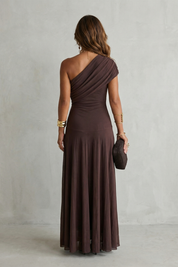 Edith Blackwell | One Shoulder Draped Maxi Dress in Chocolate Brown