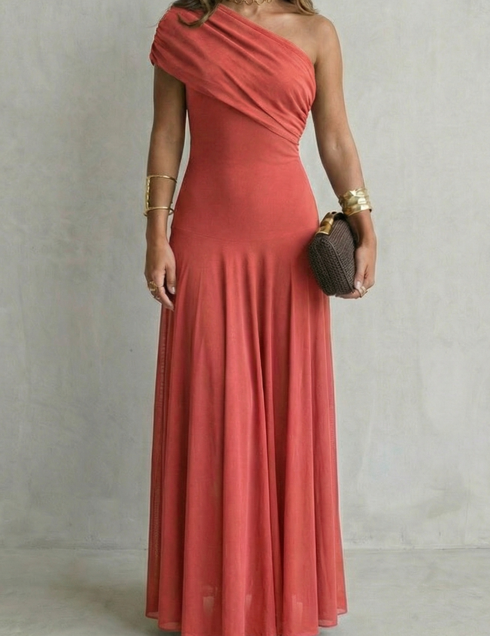 Edith Blackwell | One Shoulder Draped Maxi Dress in Chocolate Brown