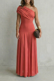Edith Blackwell | One Shoulder Draped Maxi Dress in Chocolate Brown