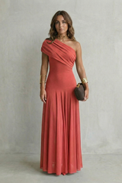 Edith Blackwell | One Shoulder Draped Maxi Dress in Chocolate Brown