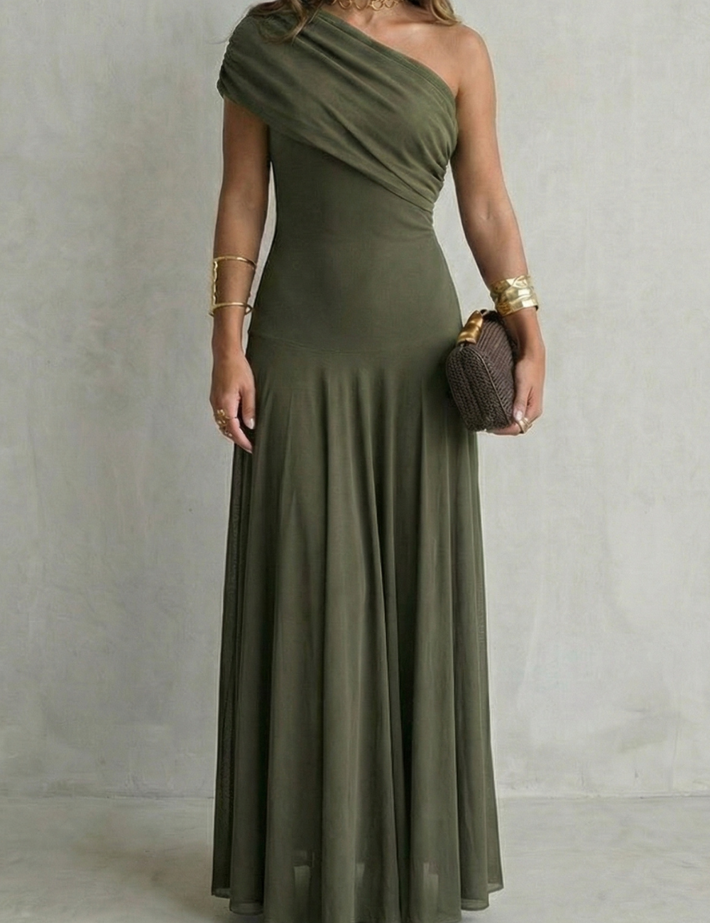 Edith Blackwell | One Shoulder Draped Maxi Dress in Chocolate Brown