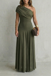 Edith Blackwell | One Shoulder Draped Maxi Dress in Chocolate Brown