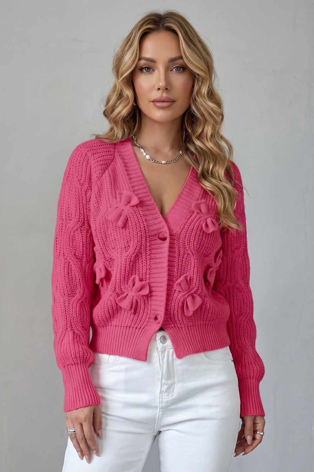 Lydia Campbell | Hot Pink Cable Knit Bow Cardigan