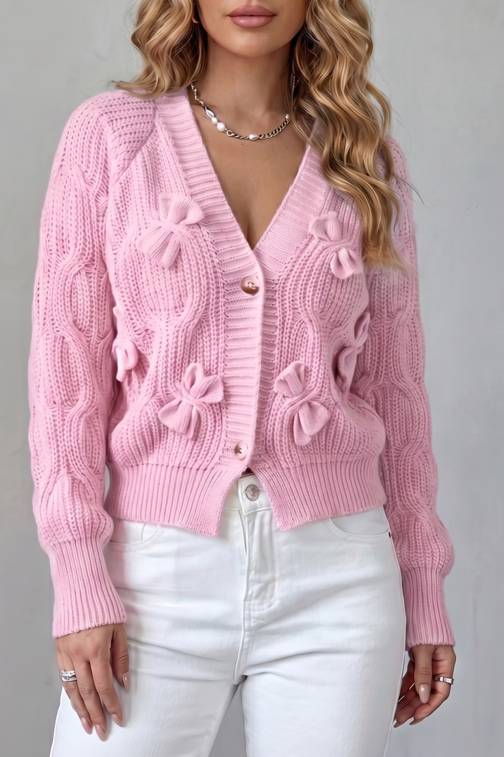Lydia Campbell | Hot Pink Cable Knit Bow Cardigan
