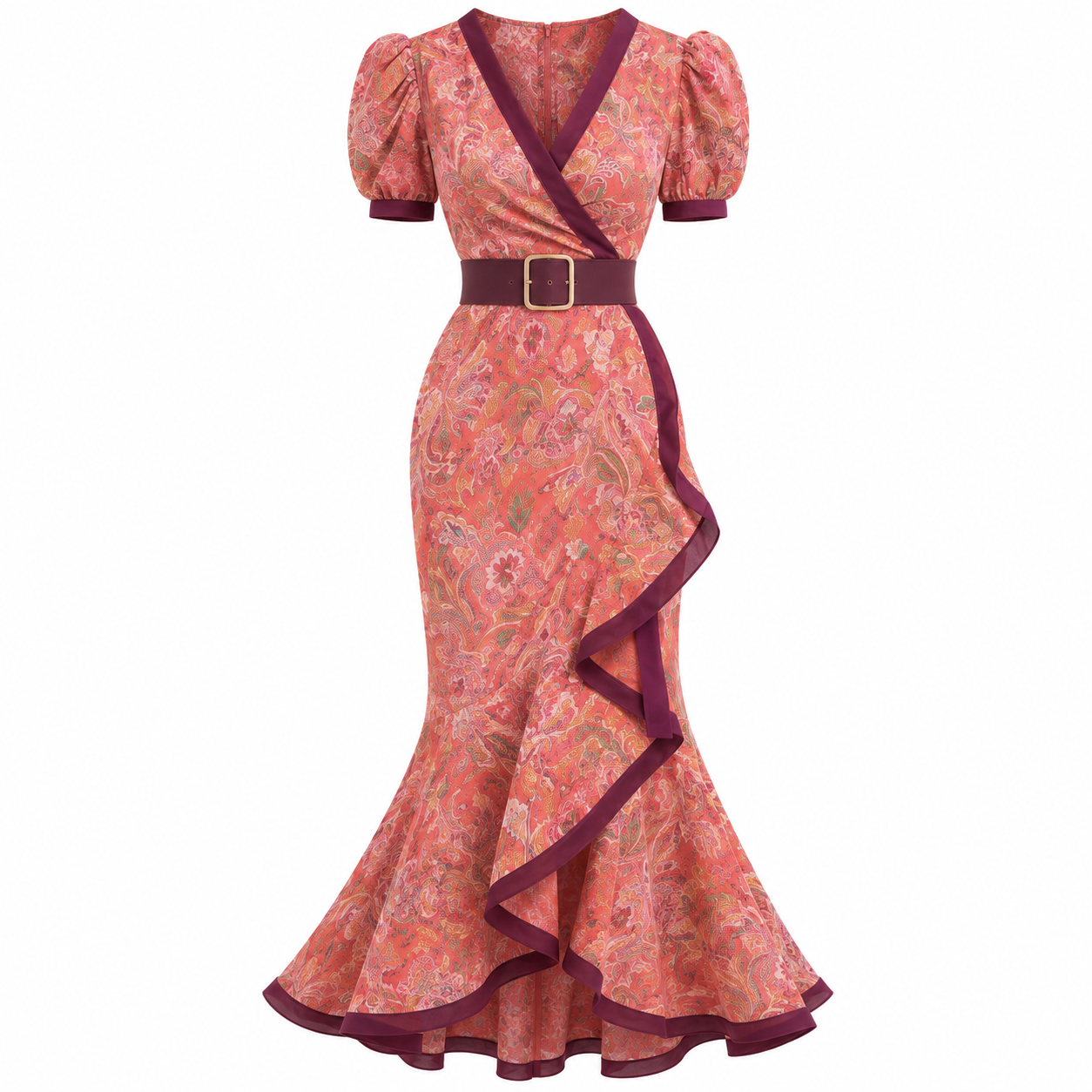 Bronwen Ashford | Robe longue portefeuille fleurie à manches bouffantes