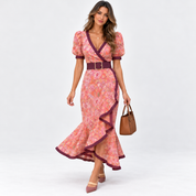 Bronwen Ashford | Robe longue portefeuille fleurie à manches bouffantes
