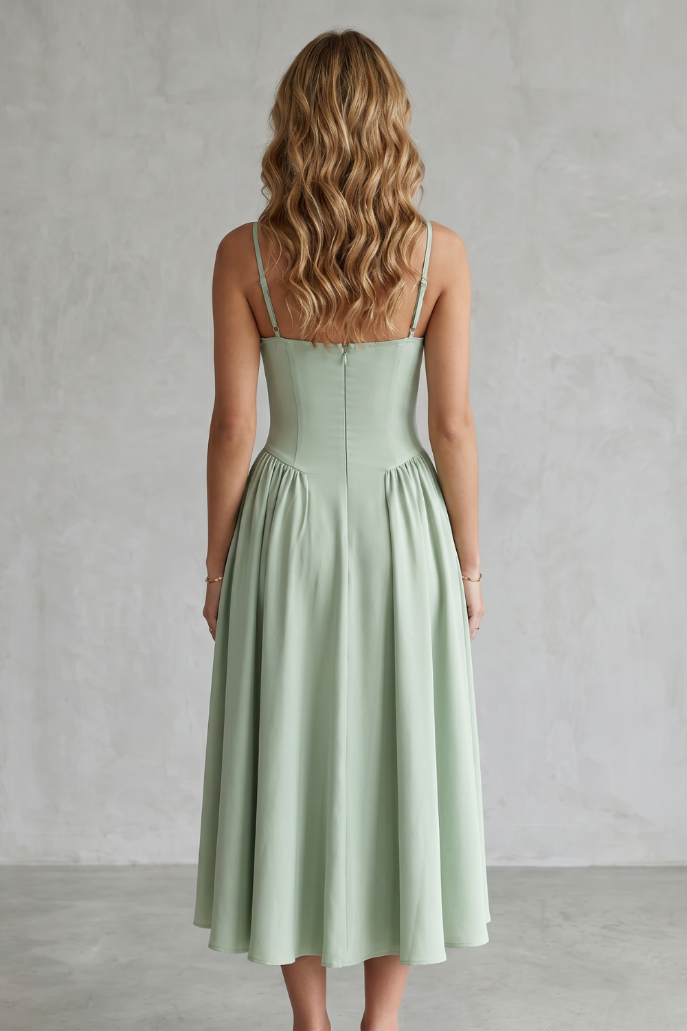 Imogen Hall | Sage Green Corset Midi Dress with Pleated Skirt