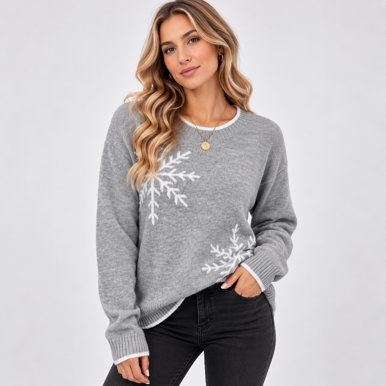 Camilla Osborne | Pull en tricot crocheté à col rond motif flocons de neige
