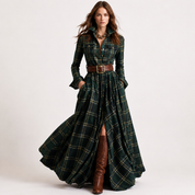 Cecily Hartwood | Robe-chemise longue à carreaux tartan verts avec ceinture