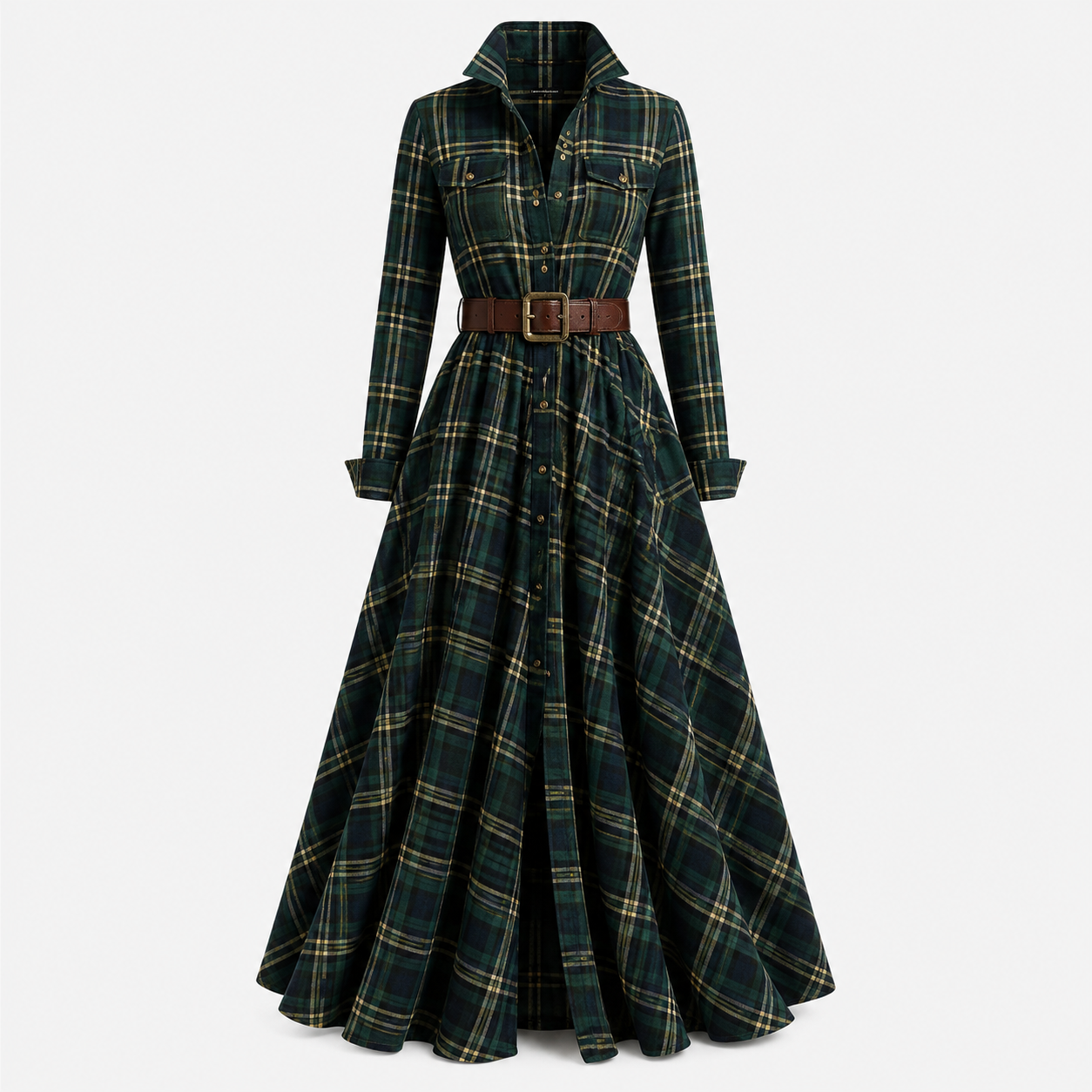 Cecily Hartwood | Robe-chemise longue à carreaux tartan verts avec ceinture