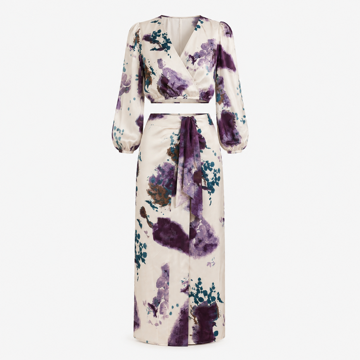 Cecily Hartwood | Watercolour Print Wrap Crop Top & Midi Skirt Set