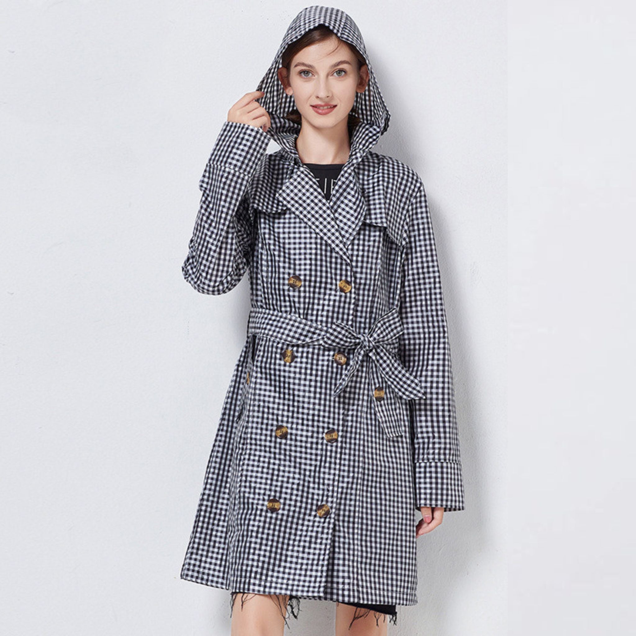 Cecily Roberts | Hooded Gingham Trench Coat with Belt