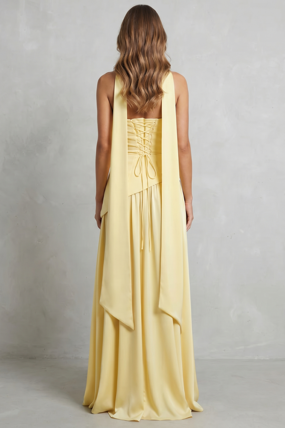 Emmeline Hartley | Strapless Maxi Dress with Halter Scarf Detail in Butter Yellow