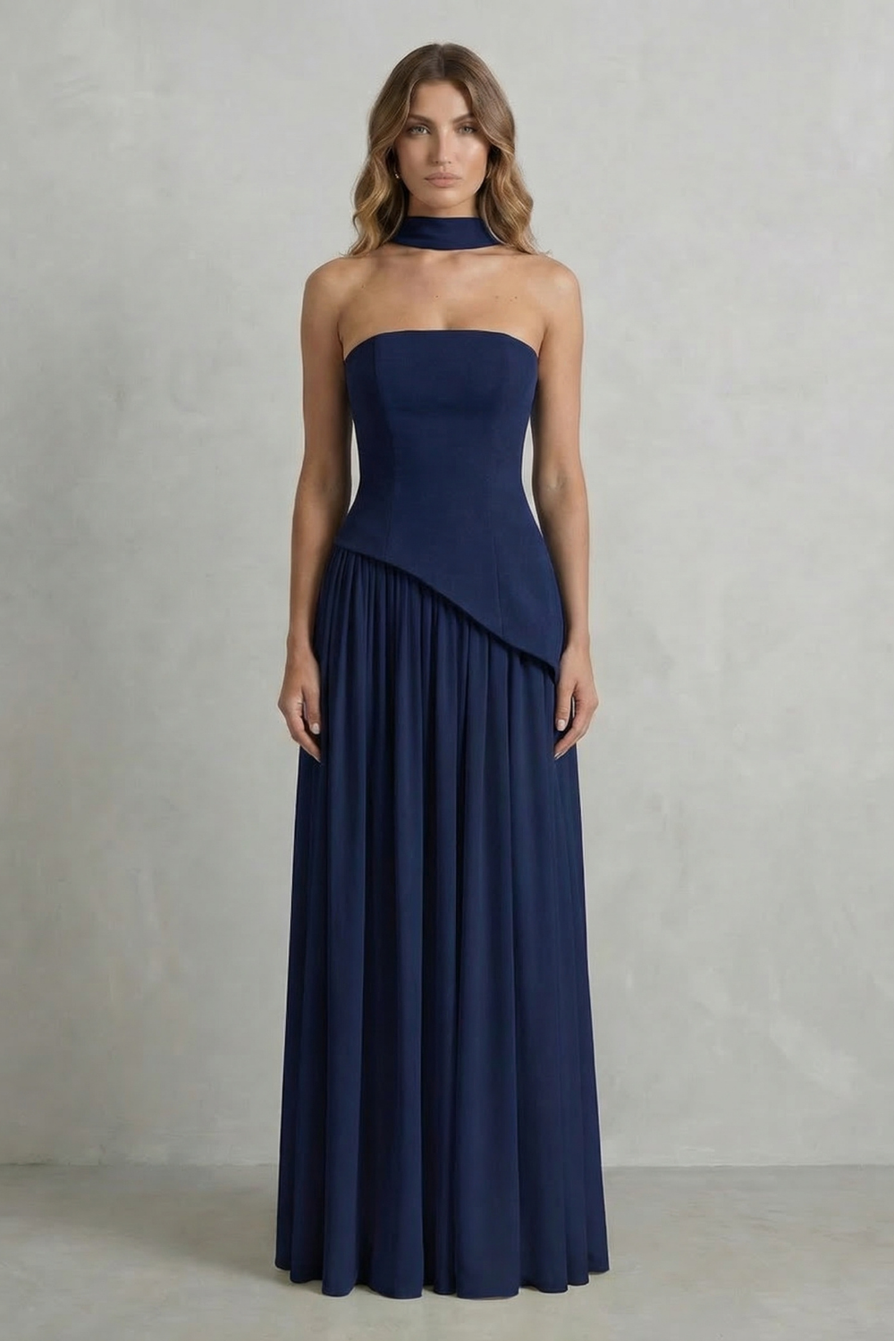 Emmeline Hartley | Strapless Maxi Dress with Halter Scarf Detail in Butter Yellow