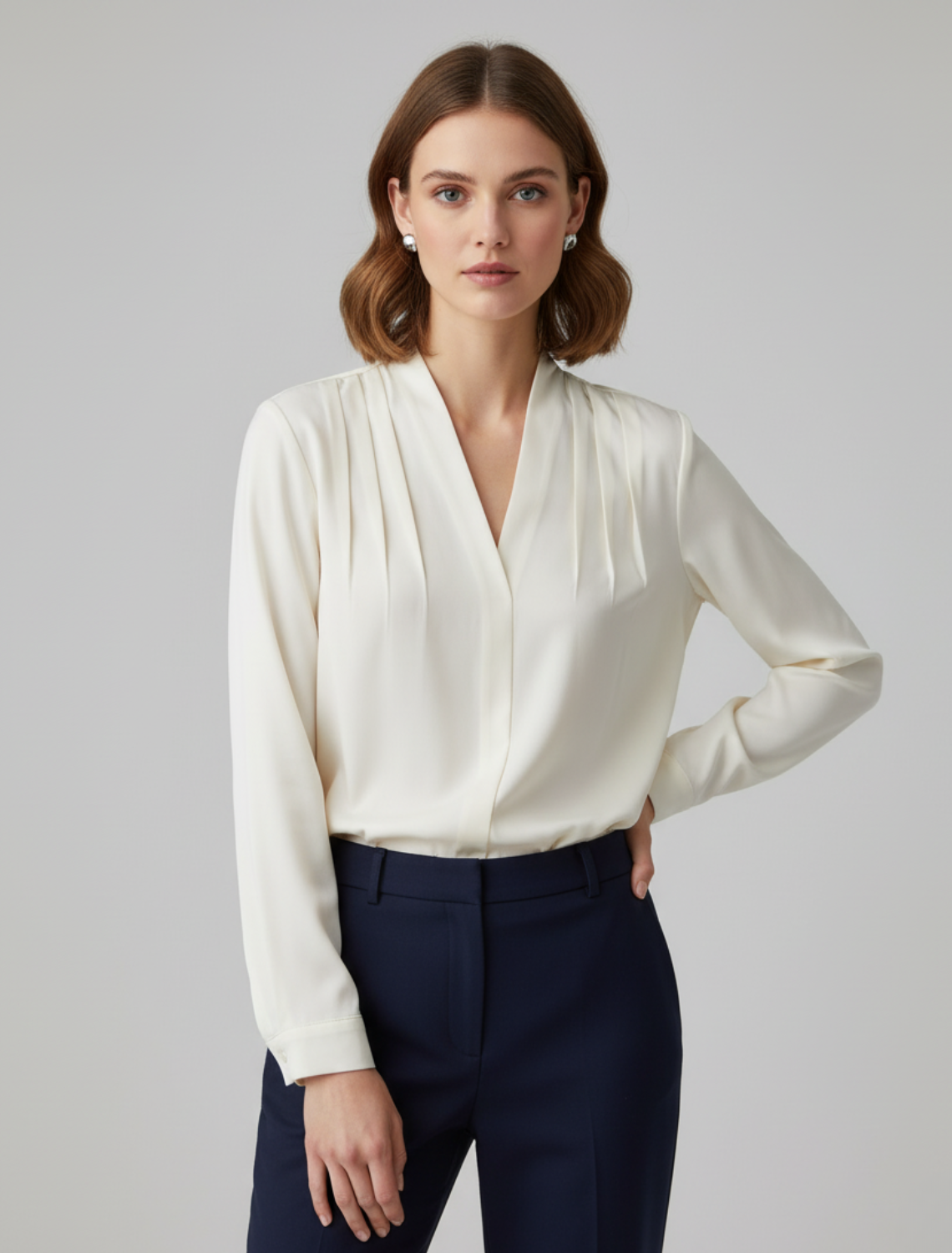 Elspeth Ravencroft | Ivory Pleated V-Neck Blouse for Women