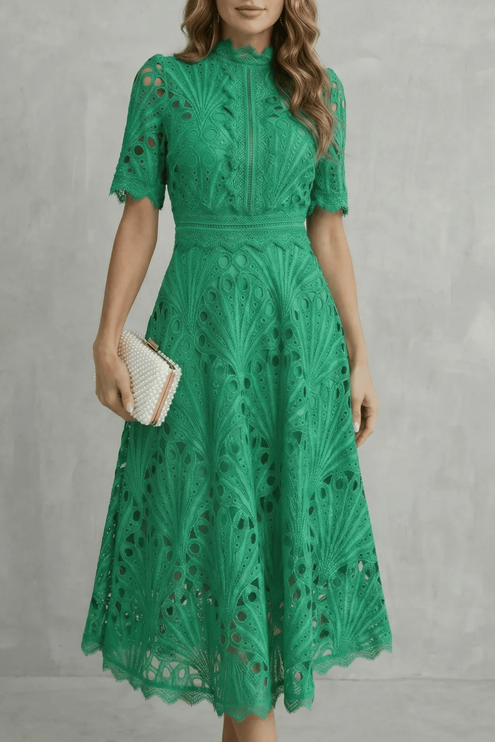 Cecily Hartwood | Hot Pink Lace High-Neck Midi Dress