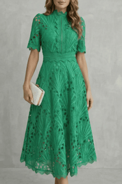 Cecily Hartwood | Hot Pink Lace High-Neck Midi Dress