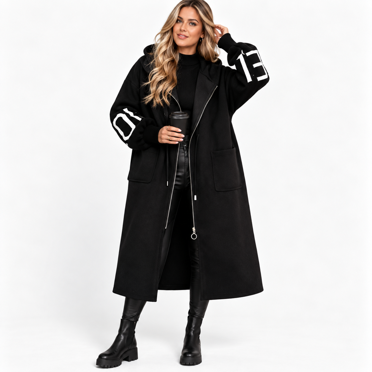 Charlotte Pennington | Long Hooded Coat With Contrast Knit Sleeves