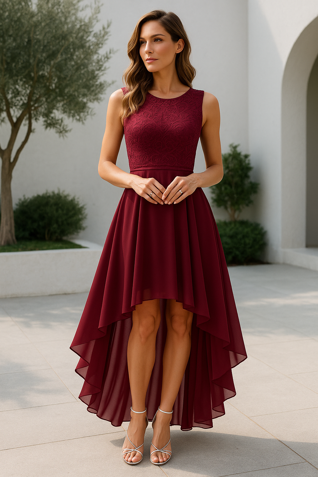 Vivienne Moreau | Burgundy High Low Cocktail Dress For Women