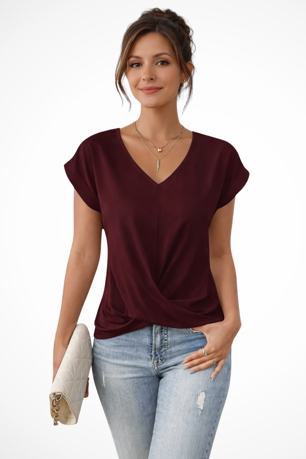 Camille Vosselair | Burgundy V-Neck Twist Hem Blouse