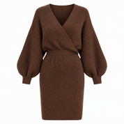 Clemency Oakes | Robe courte portefeuille en maille à manches bouffantes