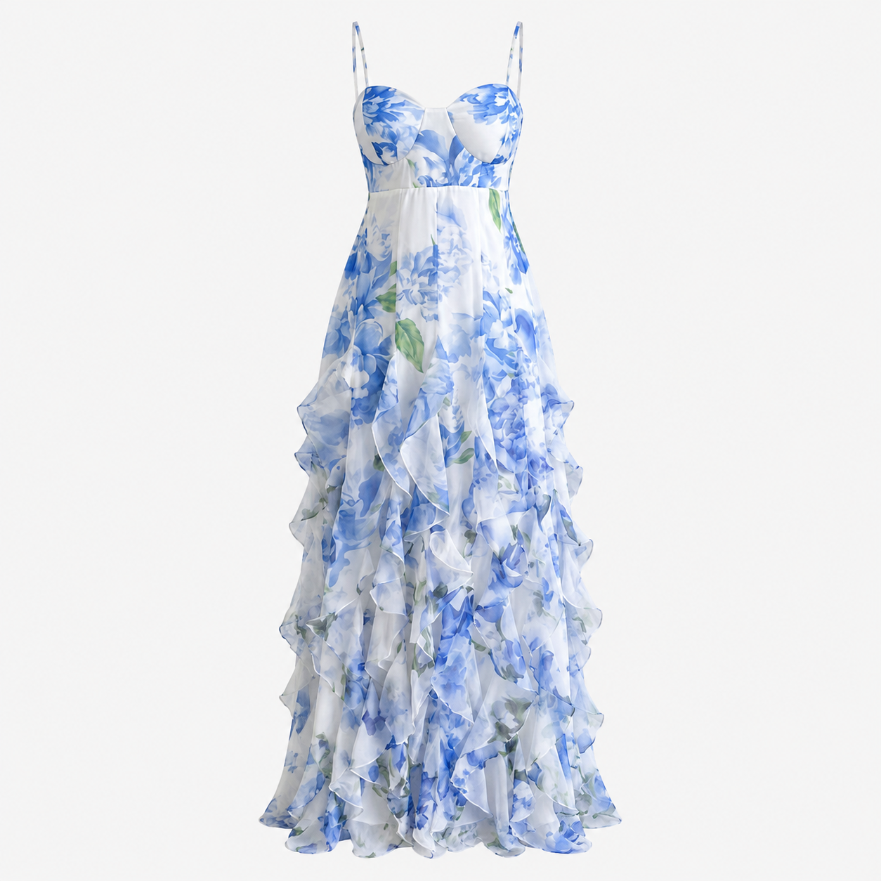 Cordelia Thornton | Blue Floral Ruffle Maxi Dress with Sweetheart Bodice