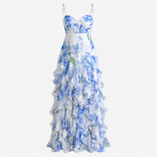 Cordelia Thornton | Blue Floral Ruffle Maxi Dress with Sweetheart Bodice