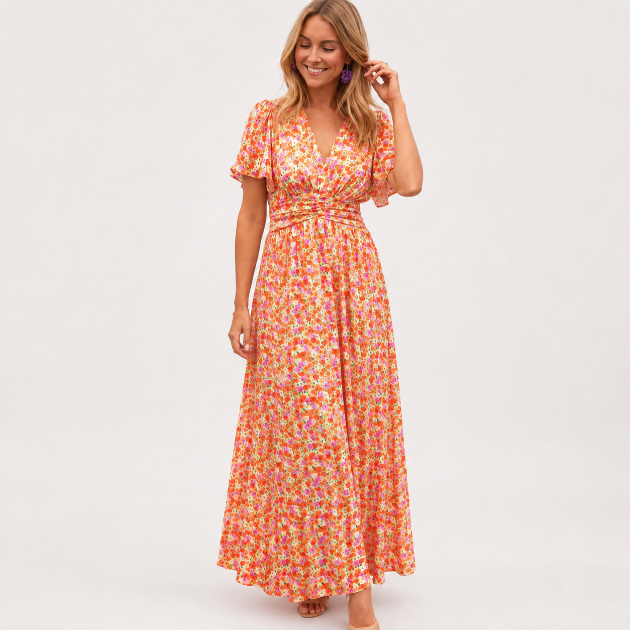 Daisy Campbell | Orange Floral Pleated Maxi Dress with Flutter Sleeves