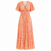 Daisy Campbell | Orange Floral Pleated Maxi Dress with Flutter Sleeves