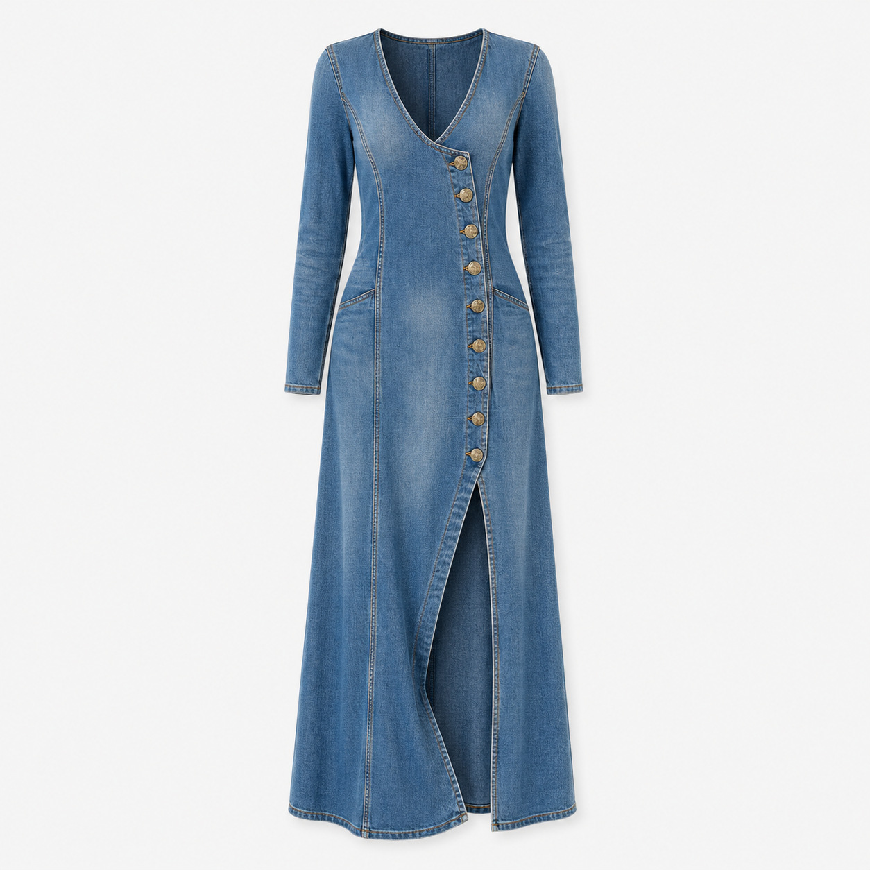 Daisy Thornton | Button-Front Denim Maxi Dress with V-Neck