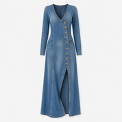 Daisy Thornton | Button-Front Denim Maxi Dress with V-Neck
