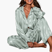 Elspeth Morrison | Satin Stripe Luxury Pajama Set in Champagne