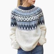 Edith Campbell | Fair Isle Yoke Knit Sweater in Cream & Blue