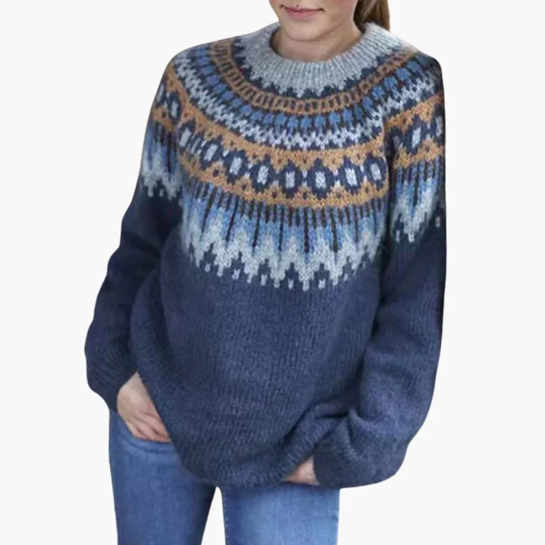 Edith Campbell | Fair Isle Yoke Knit Sweater in Cream & Blue
