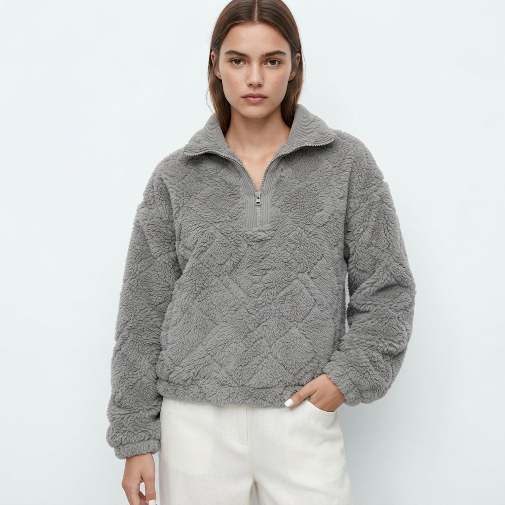 Daphne Pickering | Pull en polaire texturée à col montant et fermeture éclair quart de tour