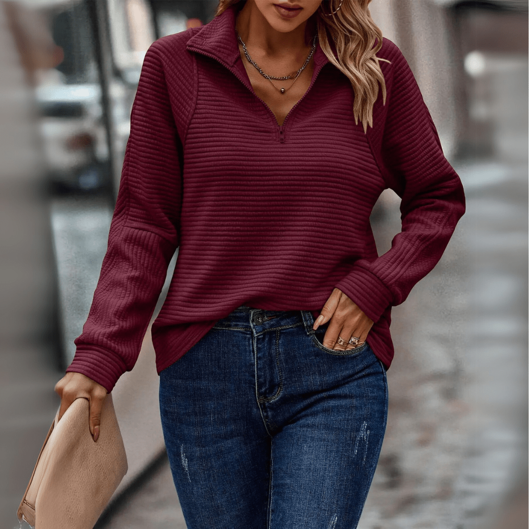 Arabella Roberts | Ribbed Half-Zip Pullover in Pink
