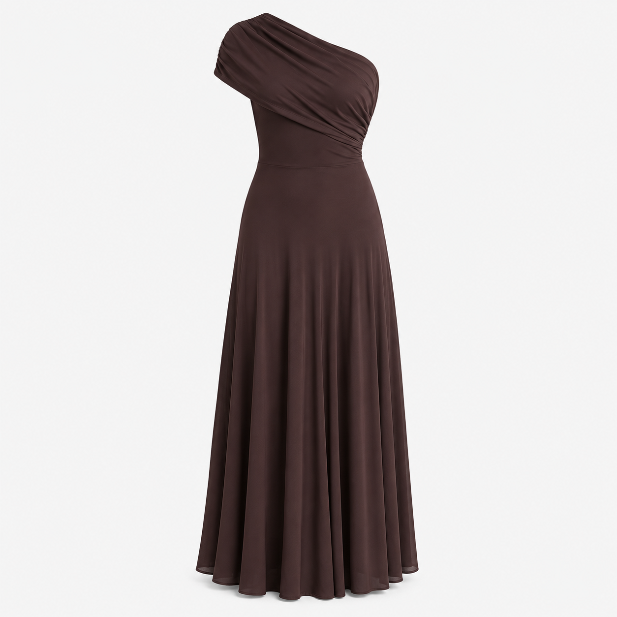 Edith Blackwell | One Shoulder Draped Maxi Dress in Chocolate Brown